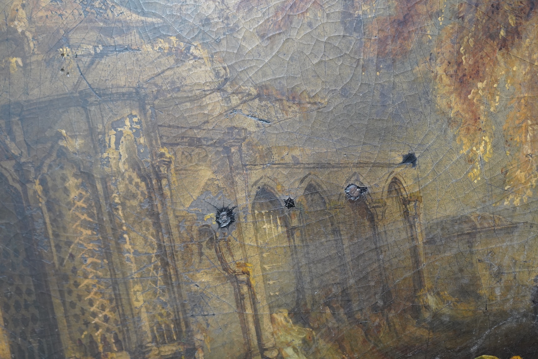 A Victorian japanned table top, depicting Indian grave robbers